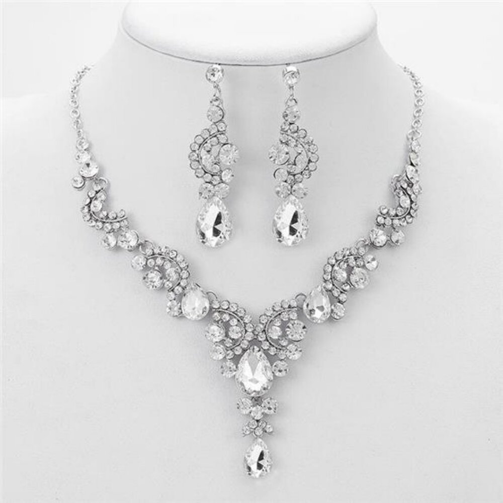 Silver Bridal Jewelry Set Crystal Rhinestone Necklace Earrings Prom Jewelry Set